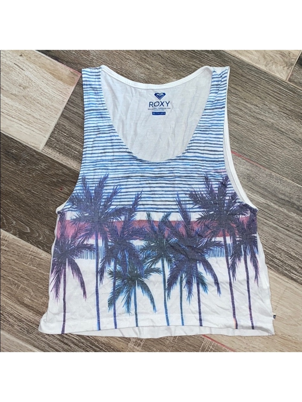 Roxy Women's XS Crop Tank Top with Palm Tree and Stripe Print, White and Blue